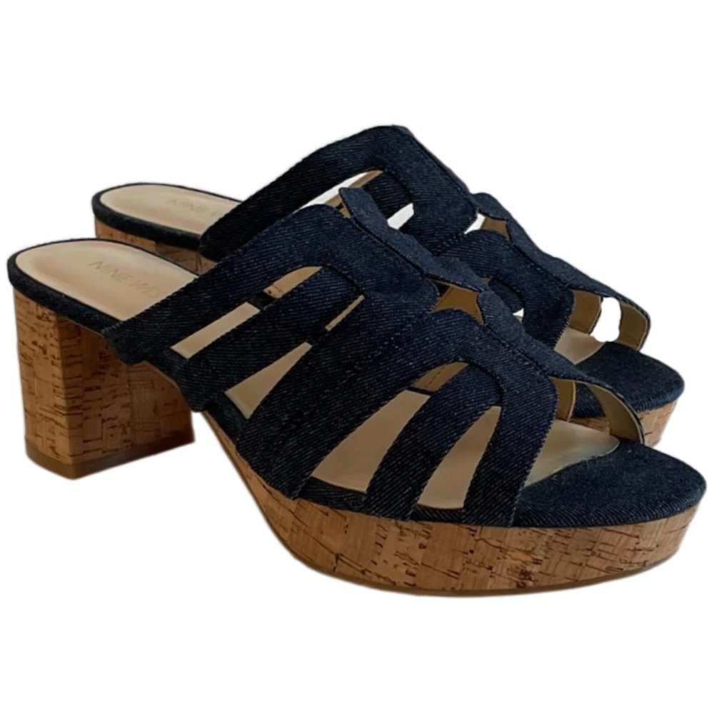 Nine West Women's Copula DENIM Platform Heeled Sandal Size 12M Blue Denim